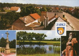 Pohled na hlavní cestu - směr Troubky; kříž na hřbitově; rybníček Jezera; socha sv. Františka u hřbitova
